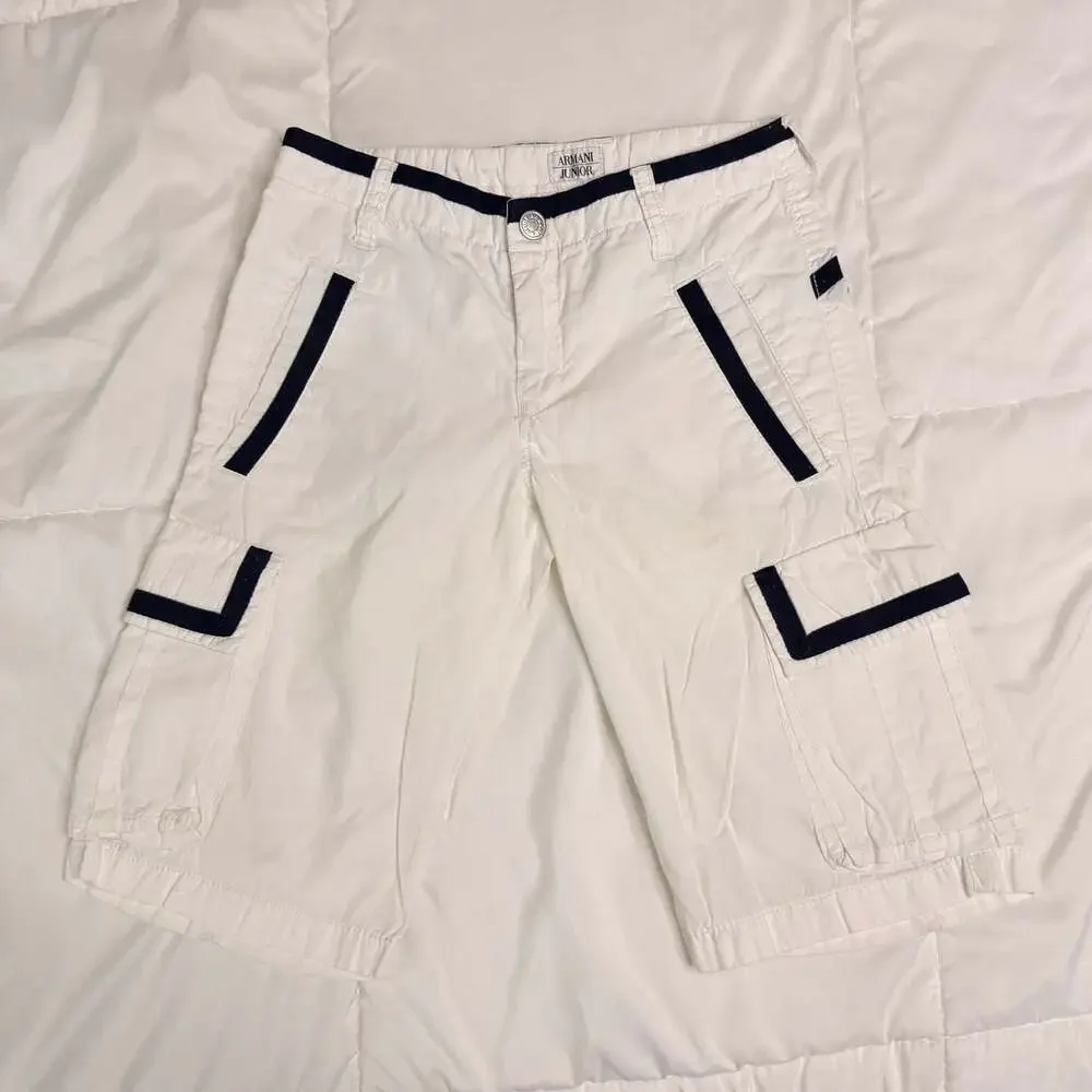 Armani Junior Boys White Cargo Shorts Navy Trim A Jr Logo Size 8A 130cm